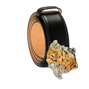 Versace Black & Gold 100% Leather Medusa Head Logo Decorated Belt US 36 IT 90